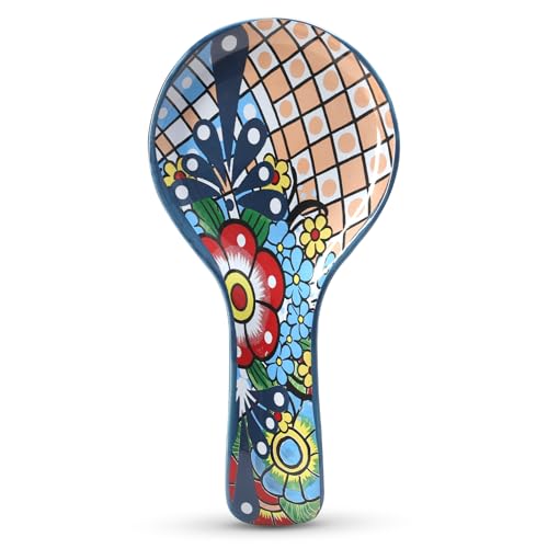 FYSUIMU 9.4 Inch Mexican Talavera Ceramic Spoon Rest Cinco De Mayo Cooking Spoon Holder Vintage Heat Resistant Utensil for Mexican Fiesta Stove Top Kitchen Countertop Decor