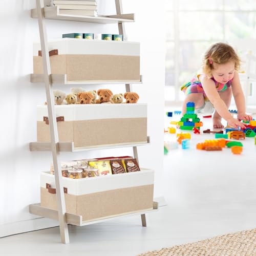 Closet Organizer Bins 3 Pack, Large Storage Bins for Shelves, Foldable Closet Storage Boxes Baskets with Leather Handles for Organizing Clothes, Sheets, Jeans, Toys, Books（Begie） by WGGWE - Image 2