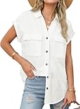 Sidefeel Womens Denim Shirt Short Sleeve V Neck Button Down Jean Shirts Trendy Casual Oversized Loose Fit Summer Tops Blouses White XL