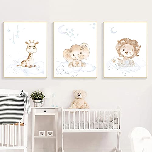 Cartoon Animal Canvas Wall Art Nursery Art Wall Decor Moon And Star Painting Cute Animal Pictures For Wall Cute Lion Elephant Painting Baby Animal Posters And Prints For Kids Room 12X16Inch Unframed #TOP5