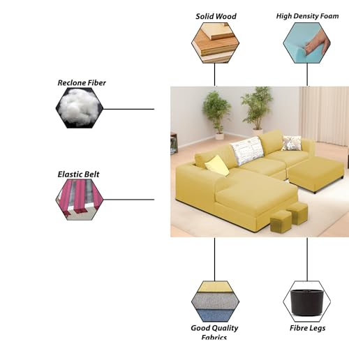 Image of Koza LHS 4 Seater L Shape Sofa Set with Center Table for Living Room (Yellow Fabric) Premium Fabric Sofa