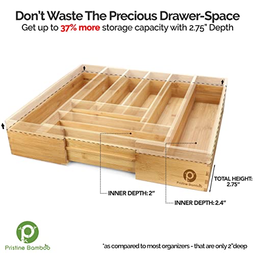 Pristine Bamboo Silverware Tray for Drawer Organizer - Kitchen Drawer Organizer - Cutlery Organizer - Silverware Organizer, Flatware Silverware Holder, Expandable Adjustable Wooden Dividers (8-Slots)