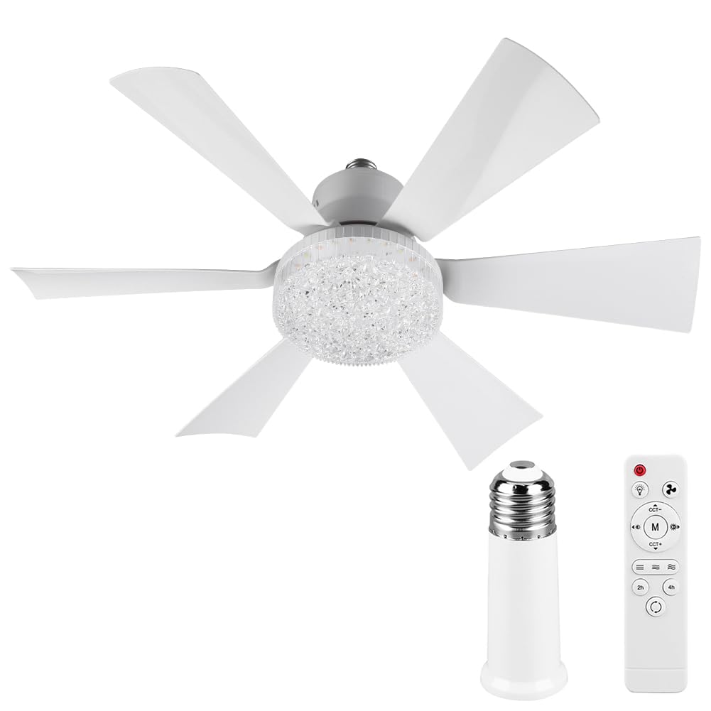 CRGANGZY Crystal Ceiling Fan Light Bulb Fan Remote Control 3 Light Colors Adjustable Wind Speed Universal Dimming for Dining Room Bedroom Living Room