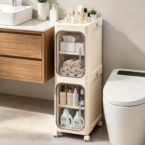 Image of 2-Tier Slim Narrow Bathroom Storage Cabinet, Cream White | Tool Free Assembly, Adjustable shelves, Fits for Narrow Spaces, Lockable Wheels, Magnetic Clear Door