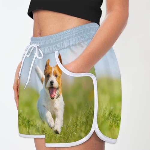 Happy Corgi Dog Damen-Shorts mit Taschen, süße Hundesporthose, bequeme Strand-Shorts, Fitnessstudio, Yoga, Laufen, lässig, Sweat-Shorts, farbig, S