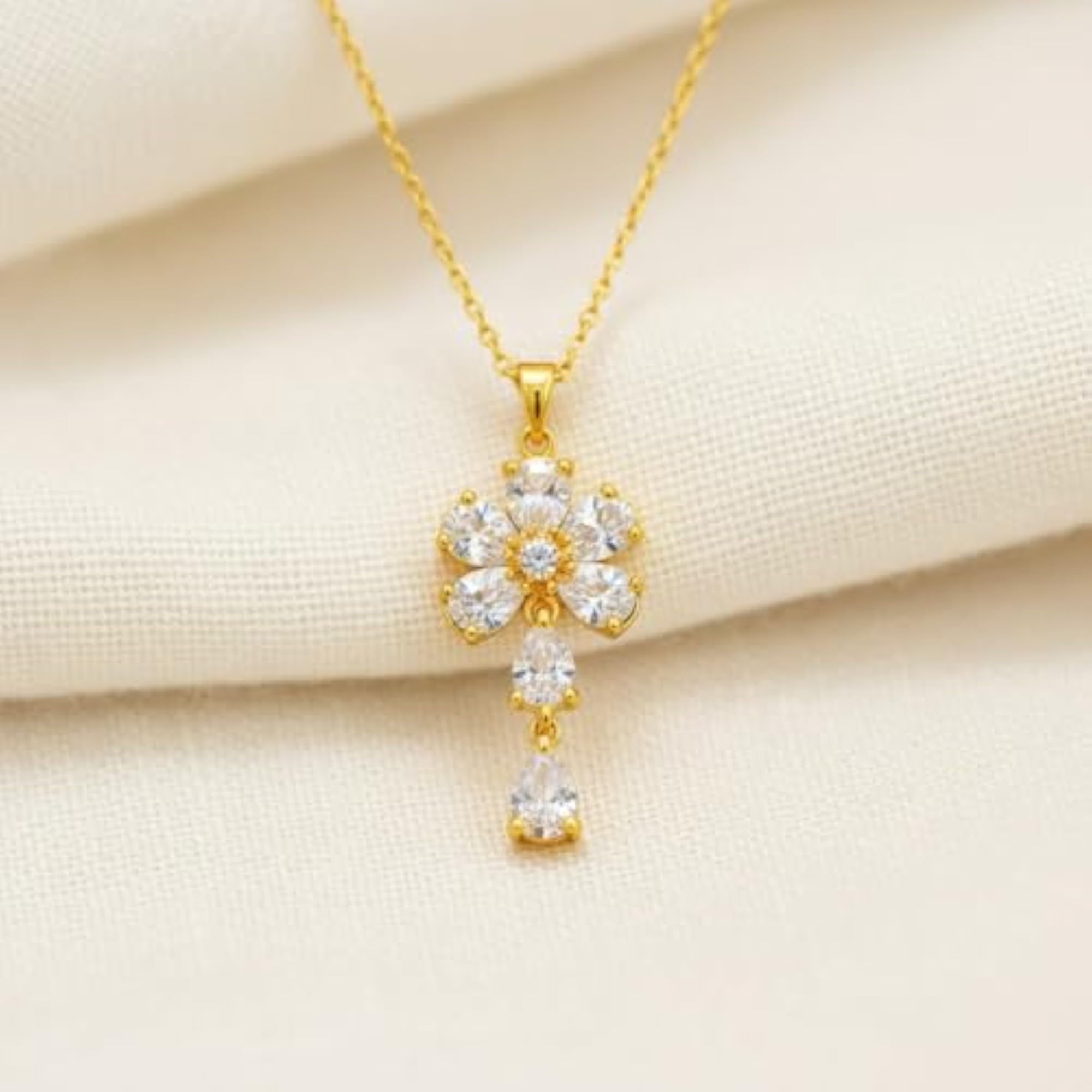 Women's Gold Pearl Flower Drop Diamond Pendant Necklace Set