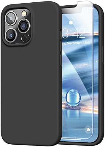 Enskko [5 in 1 Designed for iPhone 13 Pro Max Silicone Case, with 2 Pack Screen Protector + 1 Phone Stand + 1 Wiping Cloth, Liquid Silicon Cover with Microfiber Lining for Men & Women, Black