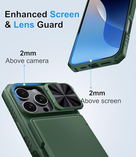 BXYJY for iPhone 16 Pro Wallet Case, Built-in Credit Card Holder (4-5 Cards), Slide Camera Cover, Military Grade Protection, Rugged Heavy Duty Men Women Protective Phone Case for iPhone 16Pro, Green