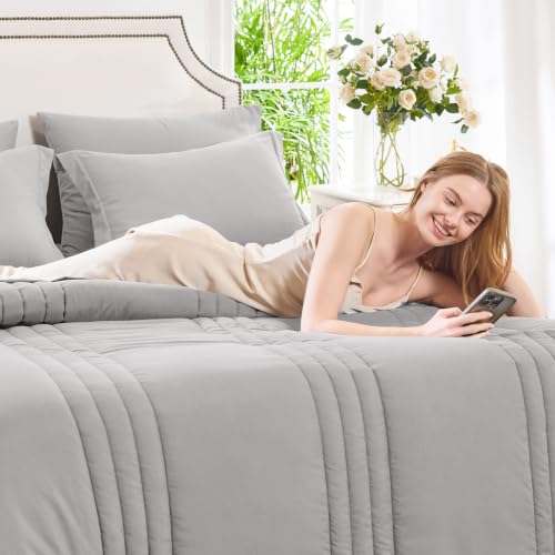 Image of CozyLux Queen Comforter Set French Grey - 7 Pieces Bed in a Bag, Modern Vertical Quilted Room Decor, Soft All-Season Bedding Gift with Comforter, Sheets, Pillowcases & Shams