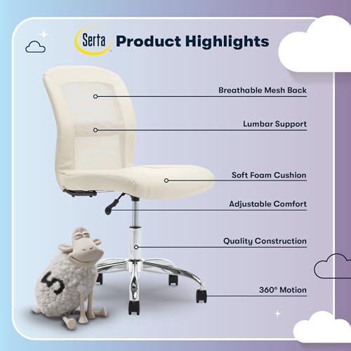 Image of Serta Essential Armless TaskChair, Small Desk Chairs with Wheels, Breathable Mesh Back and Faux Leather, Quality Foam Cushion Seat for Comfort, Minimal Design for Vanity Table, Cream White