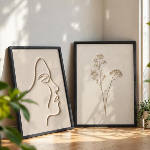 Image of NoWorries Minimal Line Art Wall Painting Set of 2 with Frame | Abstract Woman Face & Botanical Flower Beige Artwork, Modern Neutral Wall Decor for Living Room, Bedroom, Office and Home Decoration (Art-18, 21x31inch)