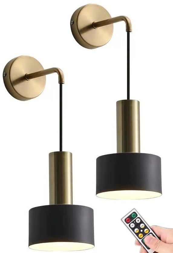 Apliques de pared modernos Juego de 2,Lámparas de pared recargables USB con temporizador a distancia,Lámpara de pared colgante dorada sin cable para dormitorio Sala de lectura Pasillo ( Color : Black+