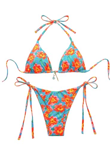 Women's 2 Piece Bikini Sets Floral Boho Halter Triangle Swimsuits Tie Side String Bathing Suit