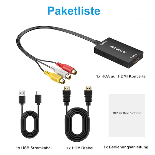 uhddadi RCA auf HDMI Konverter, 1080P Composite CVBS AV zu HDMI Video Audio Konverter Adapter mit HDMI-Kabel für PS2/Xbox/SNES/ N64/ VHS/VCR Videorecorder DVD, Unterstützt PAL/NTSC（Schwarz）
