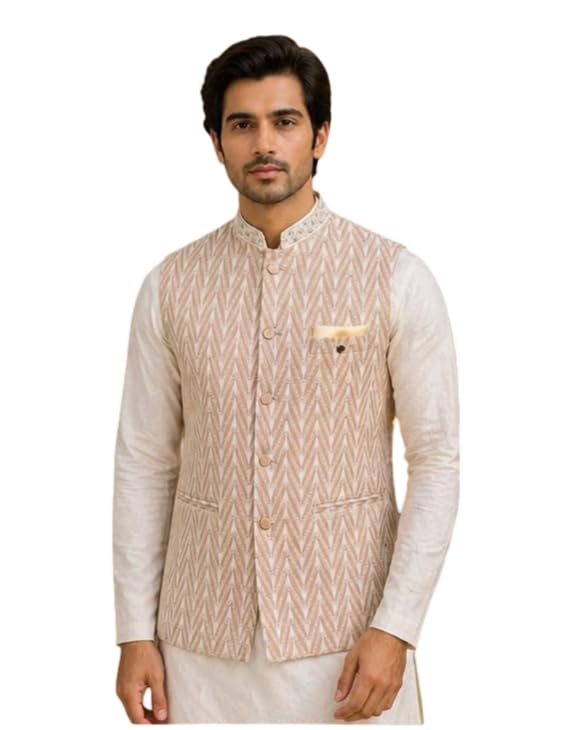 risani MEN 'S Premium Cotton Nehru Jacket | Ethnic Waistcoat for Wedding Stylish Waistcoat for Kurta (Creamy-44) with Golden embroidery design-picture-24