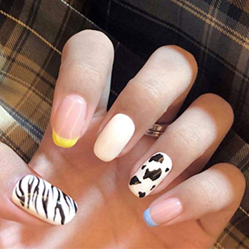 Bmadge Cow Press on Nails Glossy Short French Fake Nails Rainbow Cute Artificial Nails Easter Party Festival Full Cover Colorful False Nails Tips for Women and Teen Girls 24Pcs (Style H)