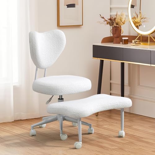 Image of Ergonomic Cross Legged Office Chair with Wheels, ADHD Chair for Adults, Meditation Chair, Yoga Office Chair, Comfortable Back Support, Height Adjustable,Small Spaces,Teddy Fleece-Beige