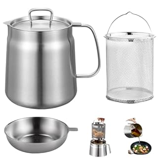 Friteuse Acier Inoxydable 304 avec Mailles Filtre Fines & Filtrant Panier, Marmite Huile Multifonctionnelle 2L Couvercle Anti-Poussière, Récipient Graissee Poignée pour Graisse Cuisson Frire