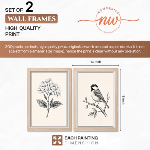 Image of NoWorries Black & White Botanical Bird Wall Art Set of 2 Framed Prints for Living Room Bedroom Office | Vintage Nature Sketch Wall Decor with Wooden Frame (Art-7, 13x19inch)