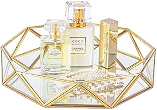 Feyarl Gold Glass Mirrored Tray Perfume Tray Make up Vanity Tray Jewelry Display Organizer Tray Ornate Cosmetic Tray Decorative Tray for Home Decor Dresser Tabletop (9.5Inch/24cm)