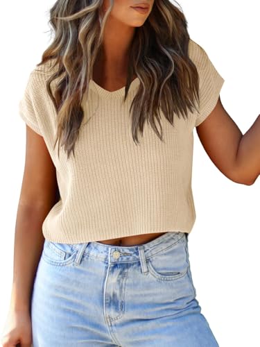 Image of LCXWFE Womens Summer Cropped Sweater Vest Trendy Cap Sleeve Crop Tops Crew Neck Loose Knit Tank Top