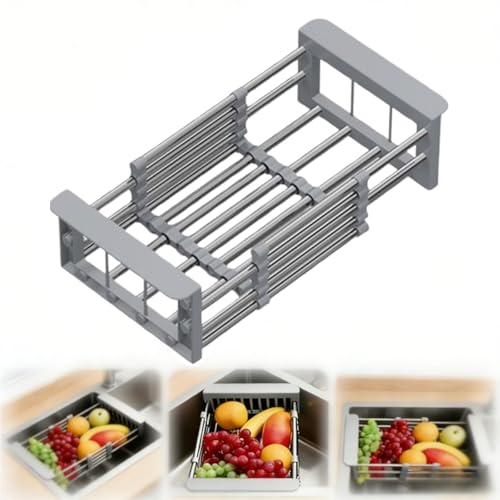 Cestello di scarico telescopico per lavello da cucina, scolapiatti telescopico multifunzionale, accessorio per lavelli da cucina per scolare verdure, frutta e piatti (grigio,Piccolo)