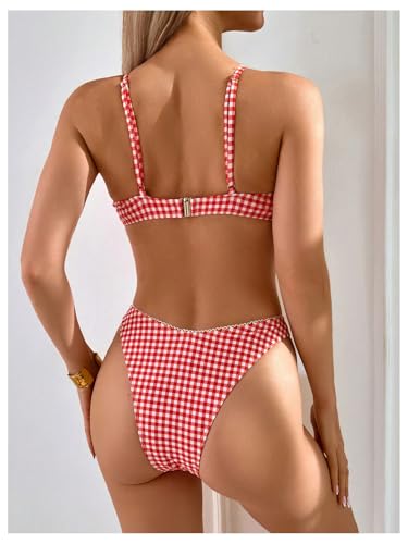 SOLY HUX Women's Plaid Gingham Bikini Set Bowknot Spaghetti Strap High Cut Bathing Suit Two Piece Swimsuit2