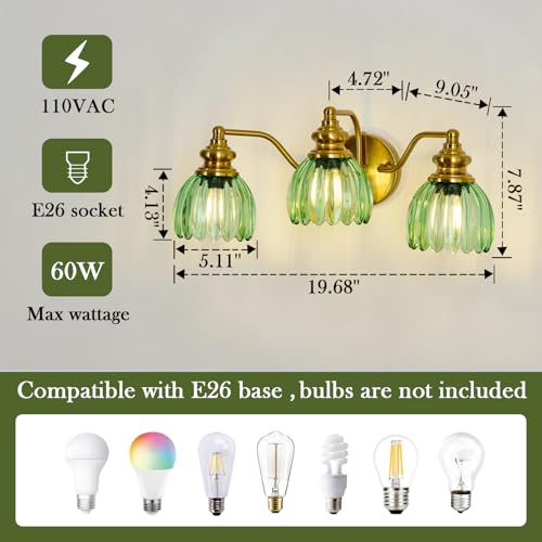 Image of Piepooye Vintage Bathroom Light Fixtures Gold Vanity Light with Green Glass LampShade 3 Lights E26 Bulb Wall Sconce Indoor Vanity Light Over Mirror for Bedroom Kitchen Farmhouse Living Room