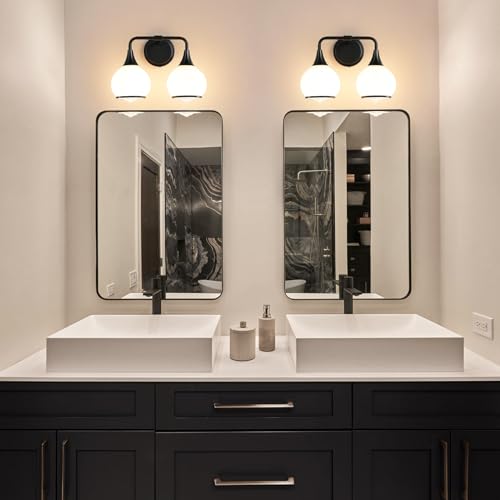 Image of Black Bathroom Light Fixtures 2 Lights Vanity Lights with Milky White Frosted Glass Shade Bathroom Vanity Light 14 inch Wall Sconce Lighting Bath(Exclude E26 Bulb)
