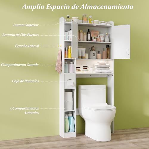 COSTWAY Mueble sobre Inodoro, Armario Independiente para Lavadora con Armario de 2 Puertas, 6 Compartimentos, Caja para Pañuelos, Gancho y Estante Ajustable, Estanterias Alta de Almacenaje (Blanco) - imagen 6