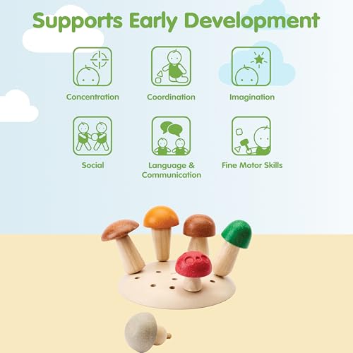 Image of PlanToys Wooden Play & Pick Mushrooms Toy Kids Garden Learning Playset | wooden mushroom play pick set, montessori imaginative sensory, fine motor coordination, color sorting, garden pretend, kids