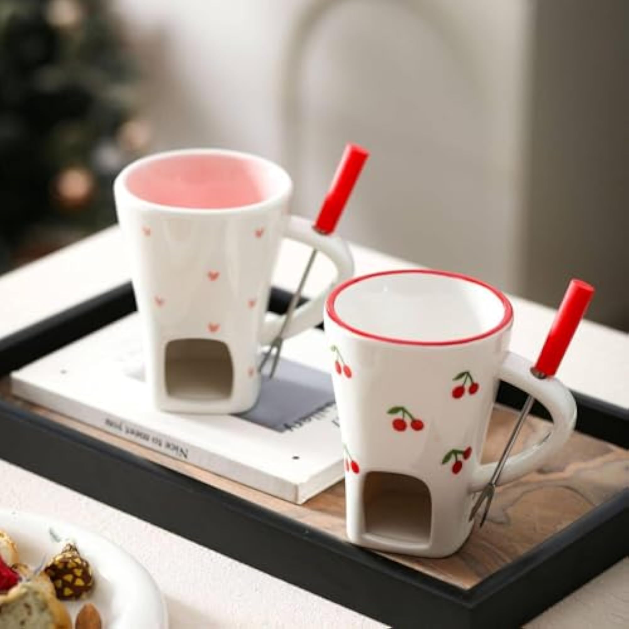 Personal Fondue Mug with Heart Pattern, Ceramic Chocolate Melter