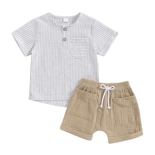Image of fhutpw Baby Boy Summer Outfits Henley Shirt Soft Pocket Short Sleeve Tops & Shorts Sets Infant 3 6 12 18 Months 2T Clothes