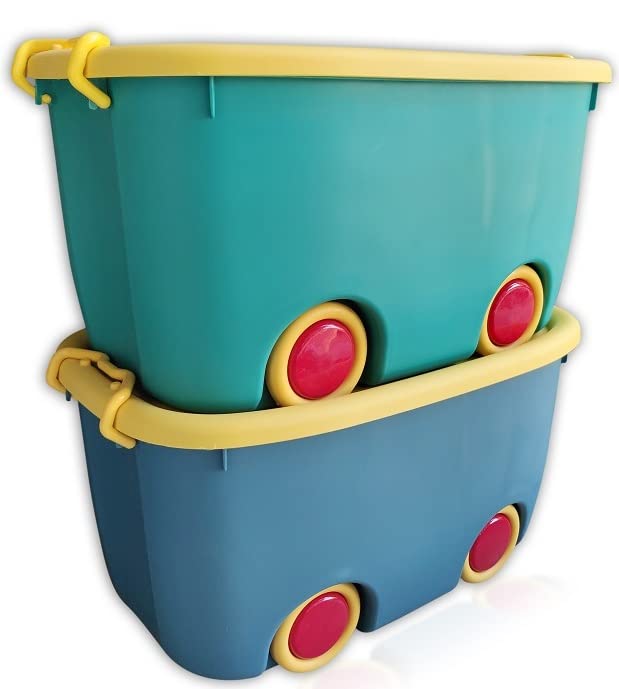 Ash & Roh® Large Plastic Stackable Toy Chest Organizer Storage Rectangular Box with Lid for Kids, Multicolor (2 PACK)