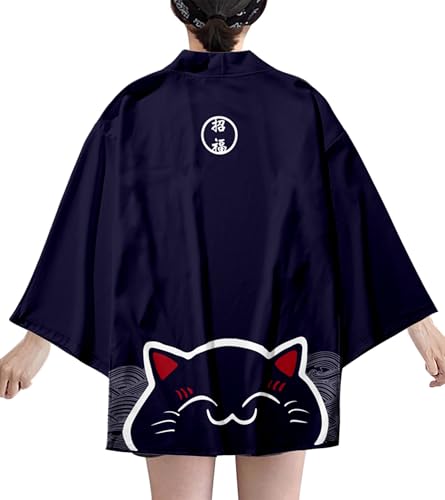 Image of LAI MENG FIVE CATS Women's Lucky Cat Cardigan Kimono Loose Cover up Casual Blouse Cute Tops