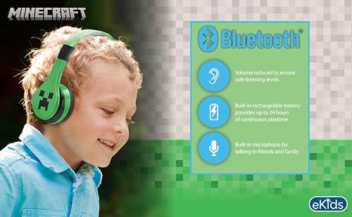 Image of eKids Minecraft Bluetooth Kids Headphones with Microphone, Volume Reduced Wireless Headphones for School