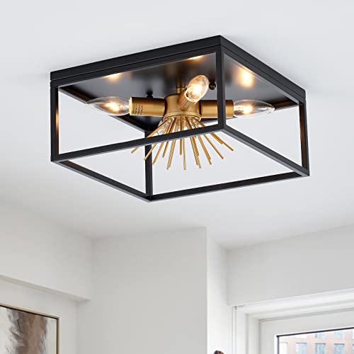 Mhytogn Industrial Semi Flush Mount Ceiling Light, Antique Brass Brush Paint And Black Finish Cage Mini Chandelier Mid Century For Porch Hallway Bedroom Balcony Kitchen 4-Light #TOP1