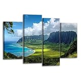 Canvas Wall Art Prints Pictures View valley Mountain Kualoa Ranch Oahu Hawaii where Park was filmed Framed Posters Modern Wall Painting Artwork Gift Home Decor for Living Room Ready to Hang 4 Panel