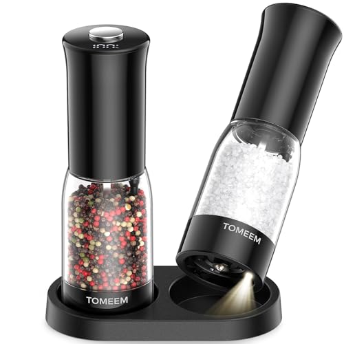 Electric Salt and Pepper Grinder Set with LED Power Display, 5-Level Grind Adjustment Easy Filling, Rechargeable Pepper Salt Mill Shakers Set Automatic with Storage Base, LED Light for Kitchen