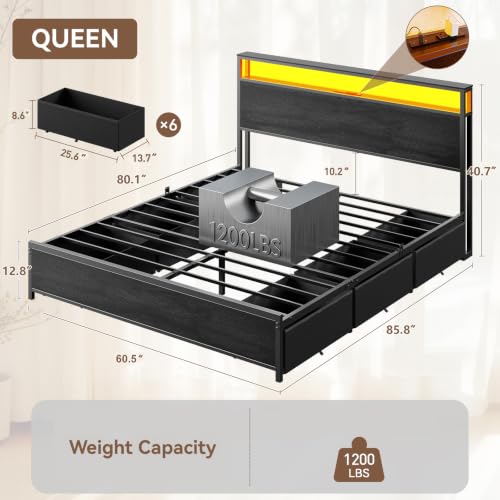 Image of Forestell Queen Bed Frame with 2-Tier Storage Headboard & 6 Drawers