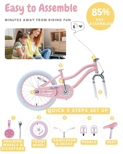 Image of bicystar Girls Bike Ages 2-8, 12-18 Inch with Training Wheels, Pink /Blue | Removable training wheels, basket and streamers, carbon steel frame, adjustable seat & handlebar, coaster or hand brake