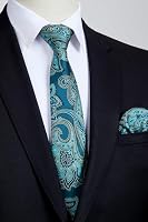 HISDERN Herren Krawatte Taschentuch Paisley Blumen Hochzeit Krawatte & Einstecktuch Set Aqua Blau – Ansicht 5