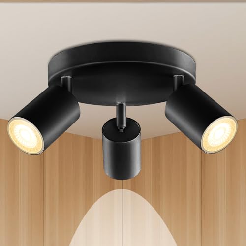 Image of Wiseworld 3 Light Track Lighting Fixtures for Ceiling LED Black Spot Lights Indoor Round Chassis GU10 Base Lamp Rotatable Modern Ceiling Spotlight for Bedroom Kitchen Hallway (Bulb Not Included)