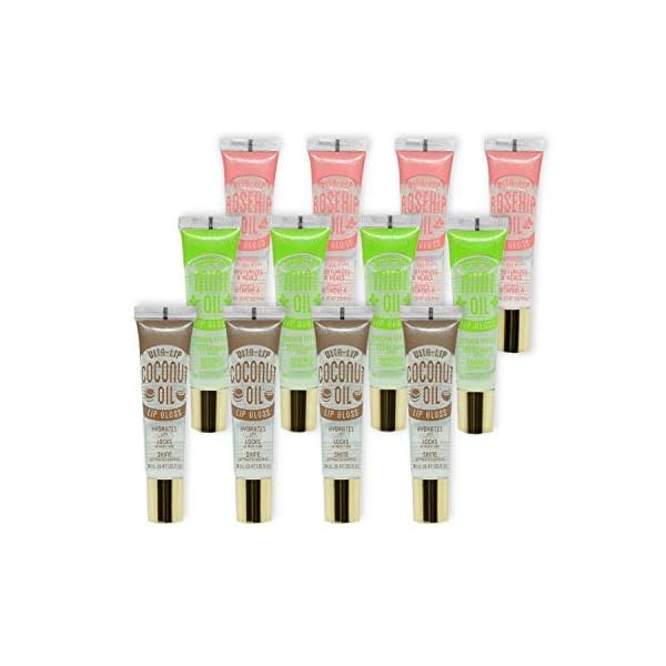 KISS Broadway Clear Lip Gloss 0.47oz/14ml 12Pcs (Mint, Rosehip, Coconut Oil)