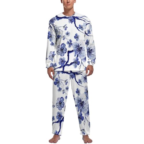 Ensemble pyjama homme Fleur Bleue manches longues en tissu respirant de nuit