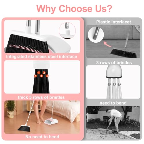 Image of Broom with Dustpan Combo Set for Home, 52-in Long Adjustable Handle Angle Broom and Dustpan Set with Dustpan Comb Teeth for Sweeping Pet Hair Food Dirt Kitchen (White-Pink)