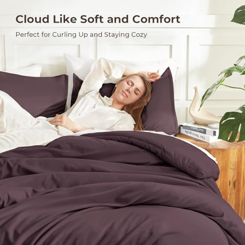 Image of Litanika Queen Comforter Set Plum, 3 Pieces Lightweight Fluffy Solid Bedding Comforter Set, Down Alternative Comforter All Season Bed Set Gift Choice
