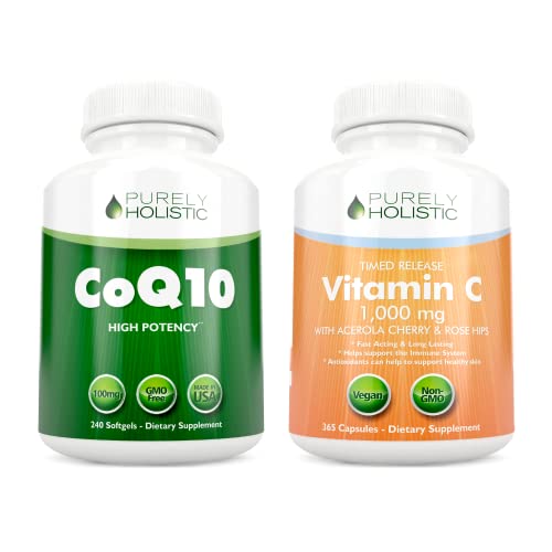 Purely Holistic Coq10 100Mg + Vitamin C 1000Mg With Rosehip & Acerola Cherry Bioflavonoid - 120 Softgels & 365 Capsules Bundle - Made In Usa #TOP23