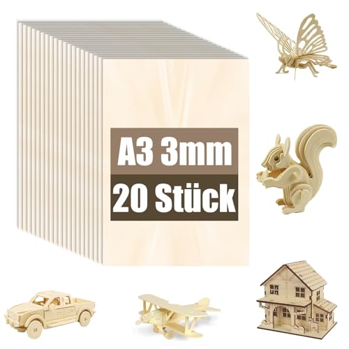 20 Stück A3 Sperrholzplatte 3mm | Linde Sperrholz für Modellbau Laserschnitt Gravur Holzplatten zum Basteln Laser Holz für DIY (20 A3(420 * 297 * 3mm))
