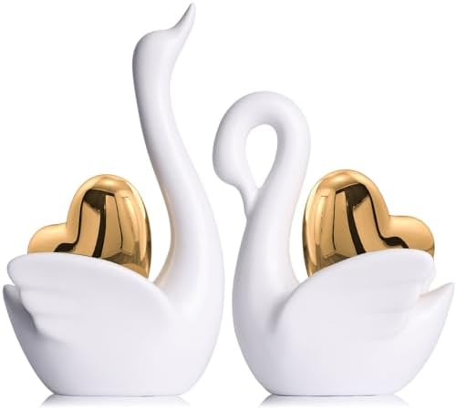 XMGZQ 2pcs White Ceramic Swan Couple Figurines,Elegant Swan with Gold Heart Statue,Wedding Gifts for Couples 2025,Mini Couple Statues Gifts for Newlyweds,Bedroom Dresser Shelf Decor Knick Knacks
